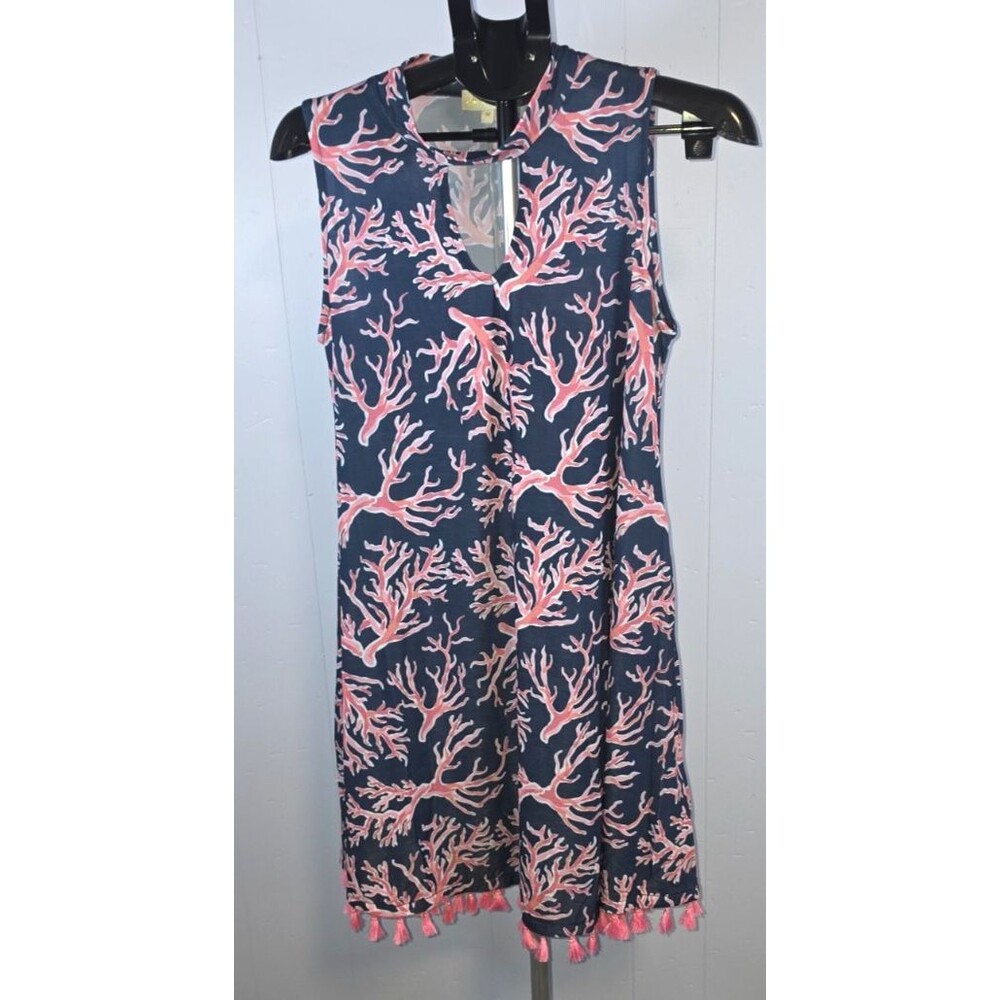 Simply Southern Blue Pink Coral Sleeveless Slinky Dress Pom Fringe Medium M